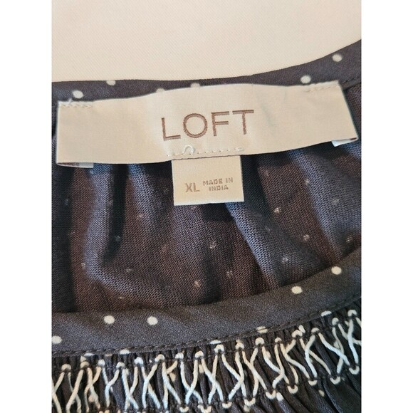 LOFT Dotted Smocked Mixed Media Blouse Size XL Gray White Ruffle - Picture 7 of 9